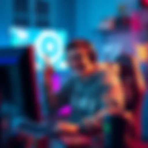 A gamer looking surprised and happy after reaching Platinum 2 rank, sitting at a computer with gaming gear around them.