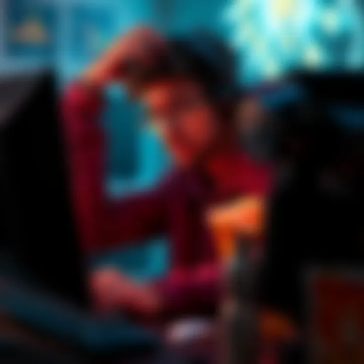 A tired gamer sitting at a computer desk, looking exhausted while reaching for a snack, showcasing the need for nutrition after long gaming sessions.