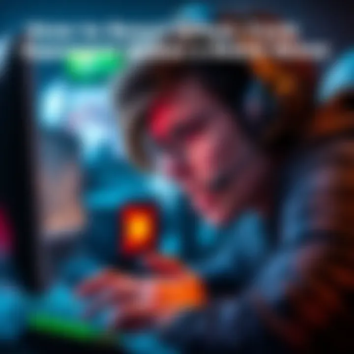 A focused gamer with intense expression, looking at a game screen with unexpected moves highlighted, surrounded by gaming gear