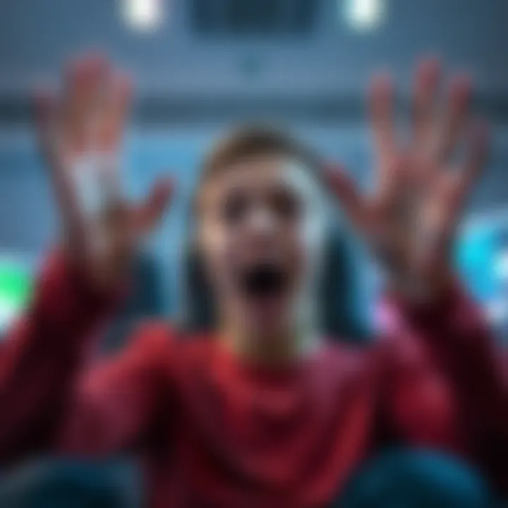 Player reacting with emotion in a game A gamer shows a surprised expression on their face, with hands raised in response to a gameplay moment, reflecting feelings of astonishment or frustration.