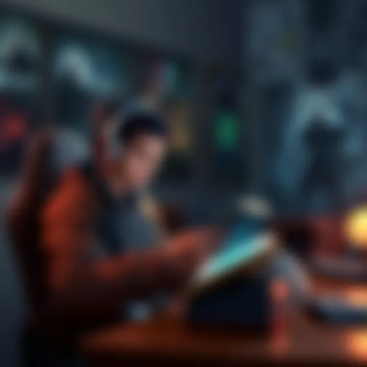 A gamer sits at a desk, reading a digital codex on their device, with a thoughtful expression, surrounded by gaming posters and character art from Shadows.