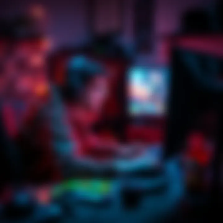 Gamer Ready to Play A focused gamer in a dimly lit room, immersed in a video game on a computer, surrounded by gaming accessories and snacks.