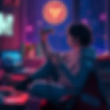 A gamer sitting with a controller, pondering their next game after finishing Hogwarts Legacy, surrounded by game cases and a laptop open to gaming forums.