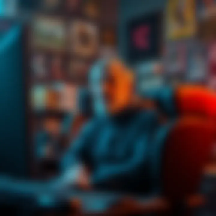 Gamer Reflecting on Dota A middle-aged gamer sitting in front of a computer, surrounded by Dota memorabilia, looking thoughtful as he reflects on the game's evolution.