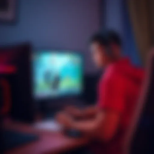 A gamer sits at a desk, looking thoughtful while playing Elden Ring on a computer, showcasing gameplay on the screen with in-game characters and environments.