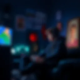 Gamer reflecting on friend A gamer sits in a dimly lit room with a controller in hand, surrounded by gaming memorabilia, a framed photo of a friend nearby, looking pensive and nostalgic.
