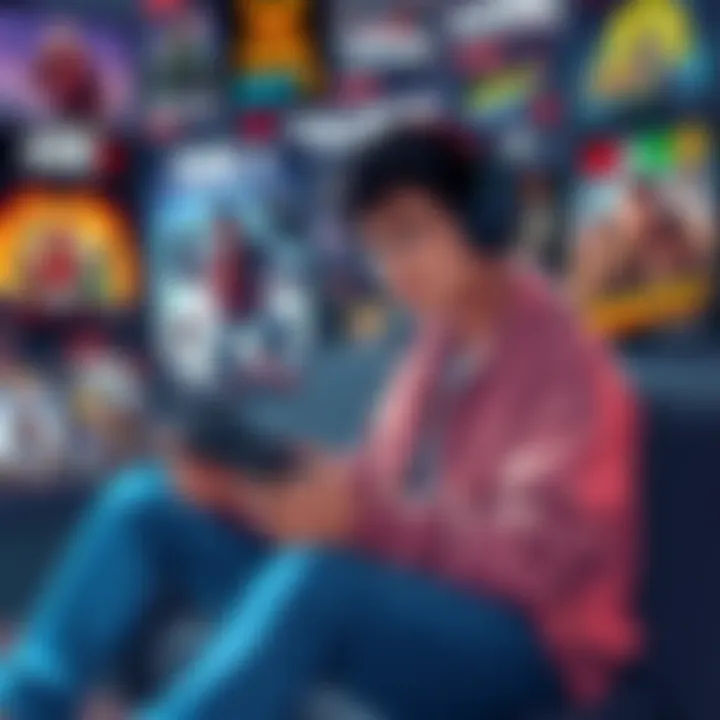 A gamer sitting with a controller, thinking about different game genres and recommendations, surrounded by game cases and posters.