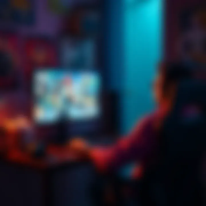 A gamer sits at a desk, looking thoughtfully at a computer screen filled with gameplay. The room is dimly lit, with game posters on the wall and snacks nearby.