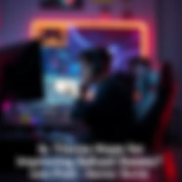 A gamer sits in front of a computer, contemplating their low behavior score, with gaming gear in the background.