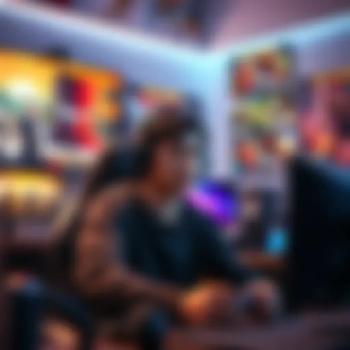 A young man sitting in front of a gaming setup, looking thoughtful with a controller in hand, surrounded by posters of competitive games.