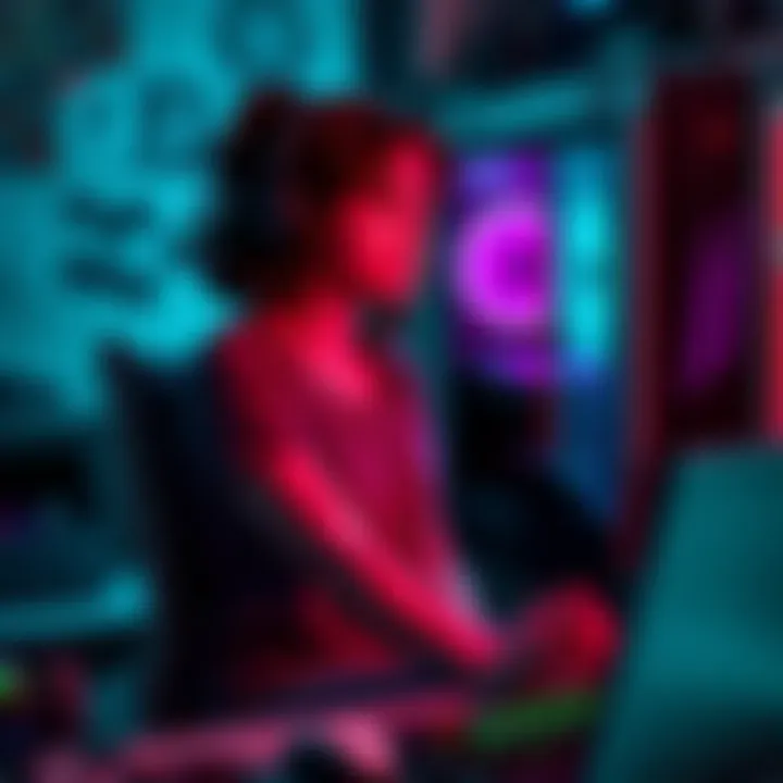 A woman sitting in front of a dusty gaming PC, looking thoughtful and regretful, surrounded by gaming memorabilia