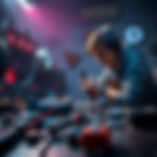 A gamer working on a broken Steam Deck, using tools and looking focused on the repair, with parts spread out on a table.