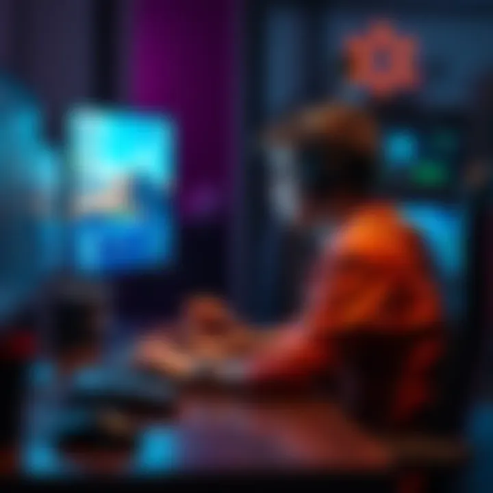 Gamer pondering a restart A gamer sitting at a desk, staring at a game console screen, thinking about restarting their game after a long break.