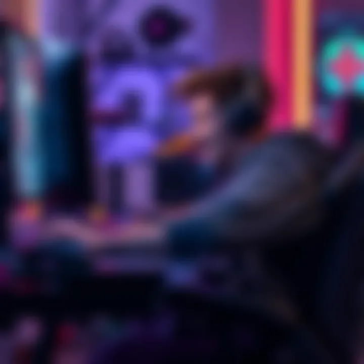 A seasoned gamer sitting at a computer, focused on a game screen with excitement and determination, surrounded by gaming gear.