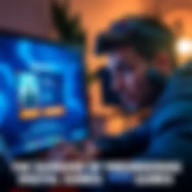 Concerned gamer reviewing digital game A close-up of a concerned gamer looking at a digital game preorder screen on a computer, showing uncertainty about making a purchase.