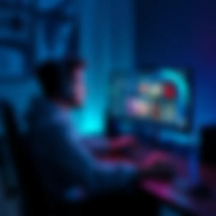 A gamer sitting at a desk, looking at a computer screen with several game titles displayed, appearing thoughtful and determined to finish them.