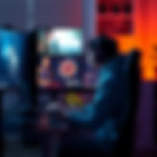 A dedicated gamer sits in front of a computer screen, analyzing gameplay of MS2, with graphics comparing it to Elden Ring and Bloodborne.