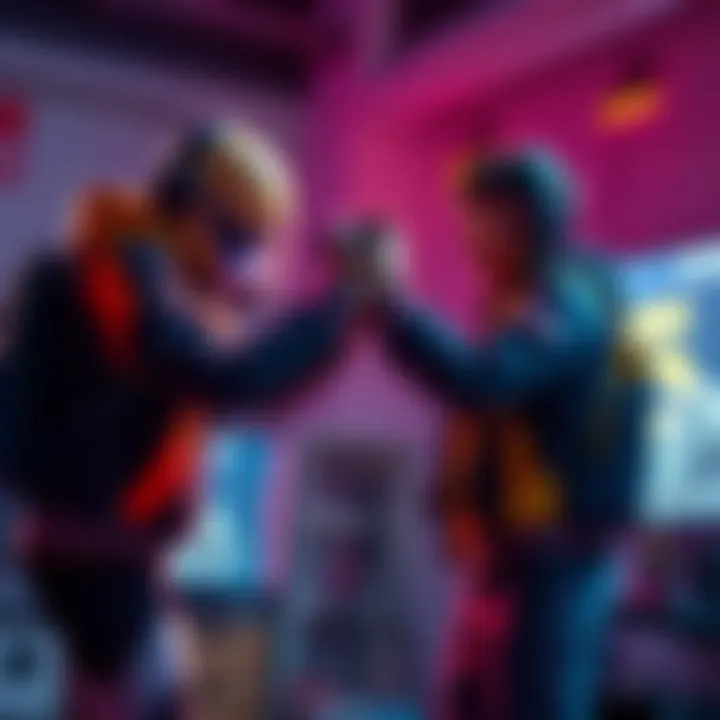 A gamer in a virtual world helps another player stand up after a defeat during a tense moment in gameplay, showing a mix of emotions and humor.
