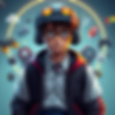 A gamer character wearing a classic school uniform, surrounded by game elements and levels completed, showcasing their preference for traditional attire.