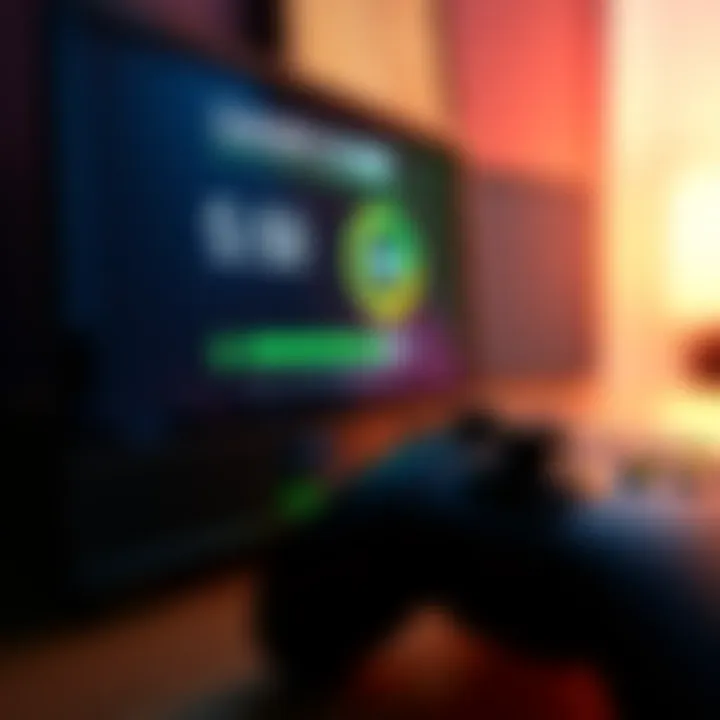 A close-up of an Xbox console showing the gamer score on the screen while a controller sits beside it.