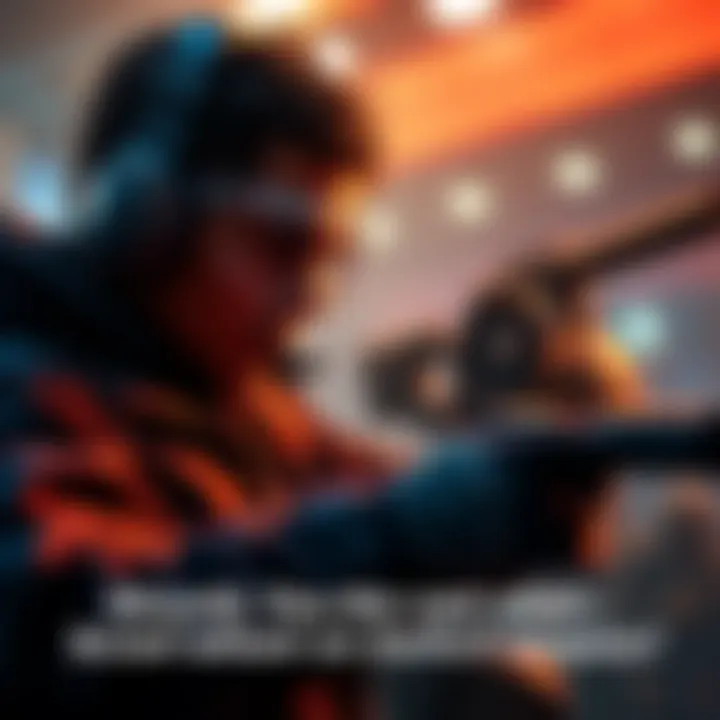 A gamer intensely focused, using a scroll wheel to change weapons in a fast-paced game setting