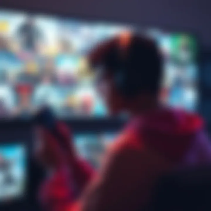 Gamer searching for emotional games A gamer looking at a screen filled with various story-driven video game covers, searching for emotionally engaging experiences.