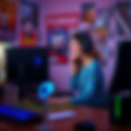 A 25-year-old female gamer sitting at her desk with gaming equipment, looking excited while playing on her computer, surrounded by posters of games like PUBG and Sims 4.