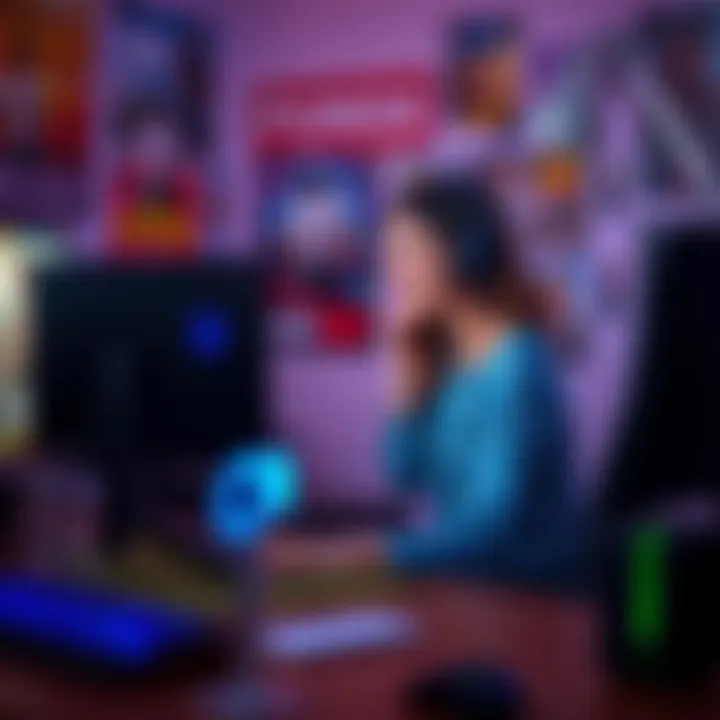 A 25-year-old female gamer sitting at her desk with gaming equipment, looking excited while playing on her computer, surrounded by posters of games like PUBG and Sims 4.