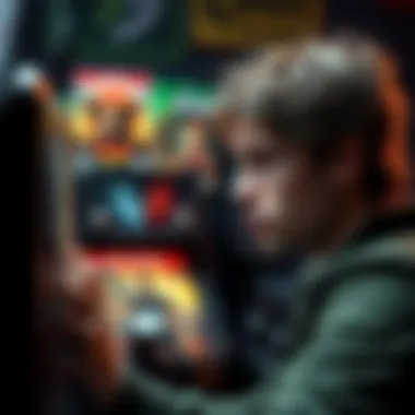 Game searcg A gamer looking at various game covers while searching for choices in gaming narratives, with a disappointed expression.