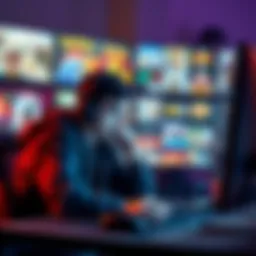 A frustrated gamer sitting in front of a computer, looking at game titles on the screen with a thoughtful expression, considering which game to play next.