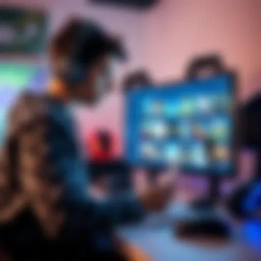 A focused gamer looks at a computer screen filled with game titles while taking notes, surrounded by gaming accessories, searching for the perfect game fit.