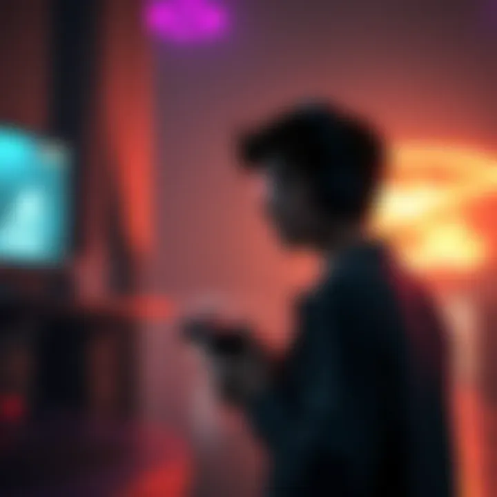 A gamer looking around in a game environment, trying to find a missing memory shadow while playing Chapter 1, with controller in hand.