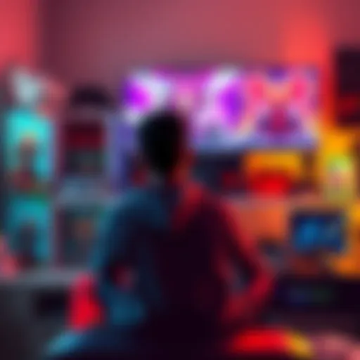 A gamer sits in front of a console, looking contemplative with a controller in hand, surrounded by game cases and a screen displaying vibrant game art.