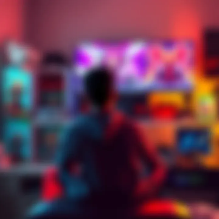 A gamer sits in front of a console, looking contemplative with a controller in hand, surrounded by game cases and a screen displaying vibrant game art.