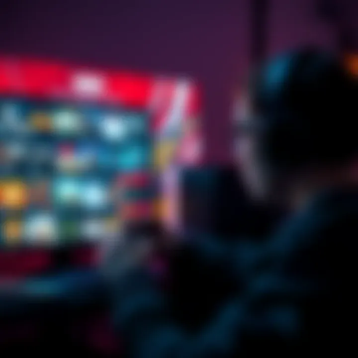 A gamer looking at a computer screen filled with various game thumbnails, showing excitement and curiosity for new titles.