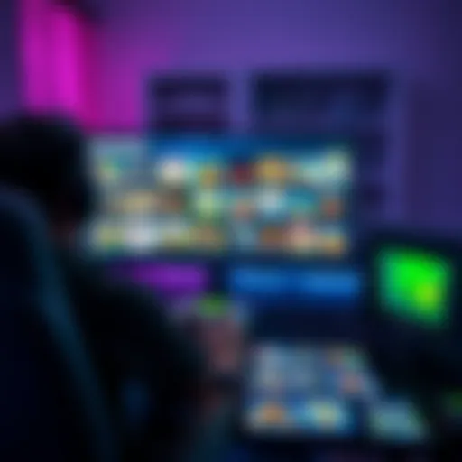 A person sitting in front of a computer, looking for engaging video games on a screen. The setup includes a gaming console next to them, with game covers scattered around.