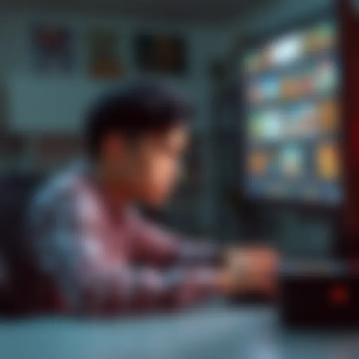 A person sitting at a computer, looking frustrated while searching for retro games in an online store, with various game covers displayed on the screen.