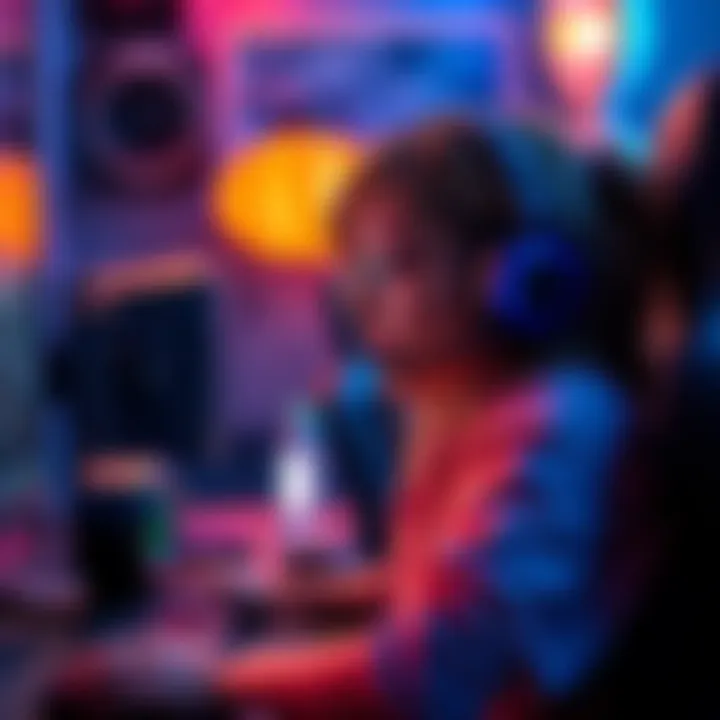 A young woman gaming late at night with a headset and a colorful setup, looking for gaming buddies