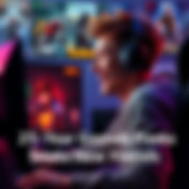 A 25-year-old male gamer with a gaming headset, sitting in front of a computer with game posters in the background, smiles as he looks at the screen.