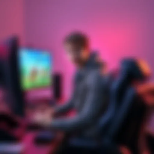 A young man sitting in front of a computer, playing video games with gaming accessories around him, showcasing popular games like Minecraft and Fortnite on the screen.