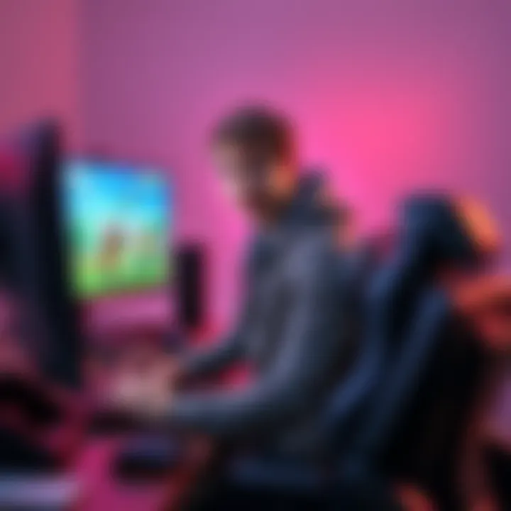 A young man sitting in front of a computer, playing video games with gaming accessories around him, showcasing popular games like Minecraft and Fortnite on the screen.