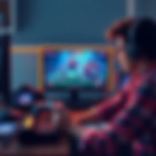 Gamer seeking help Frustrated gamer looking at a screen with PvP gameplay, surrounded by game-related items and a notebook for notes.