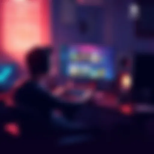 A person sitting at a desk looking at a computer screen with a Steam library open, contemplating which game to play next, surrounded by gaming gear.