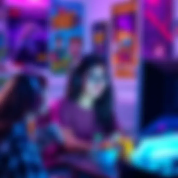 A young woman gaming with friends online, surrounded by gaming posters and snacks, inviting others to join her group.