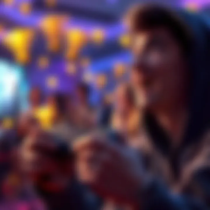 Gamer Seeking Trophy Hunting Friends A gamer holding a PlayStation controller, looking excited while surrounded by trophy icons and friends connecting online, showcasing a lively gaming atmosphere.