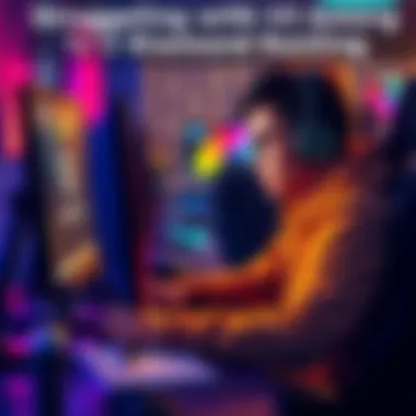 A gamer sitting at a desk, looking intently at a computer screen, with a notebook and pen nearby, reflecting on their gaming strategies.