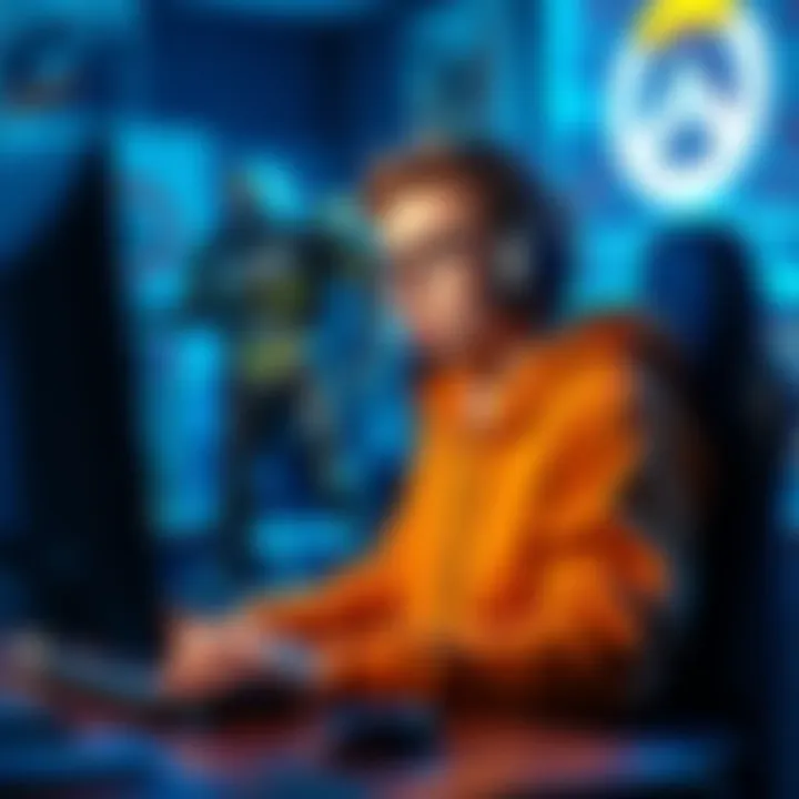 A gamer sitting at a computer desk, wearing a headset, with a shocked expression on his face after playing Overwatch, featuring the character Bastion in the background