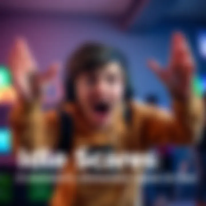 A gamer with wide eyes and a surprised expression, hands raised, reacting to a sudden scary moment in a video game.