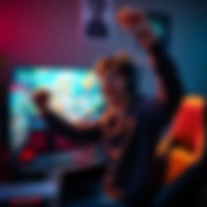 A 17-year-old gamer excitedly celebrating their victory in SIFU, showcasing a gaming setup with a screen displaying the game.