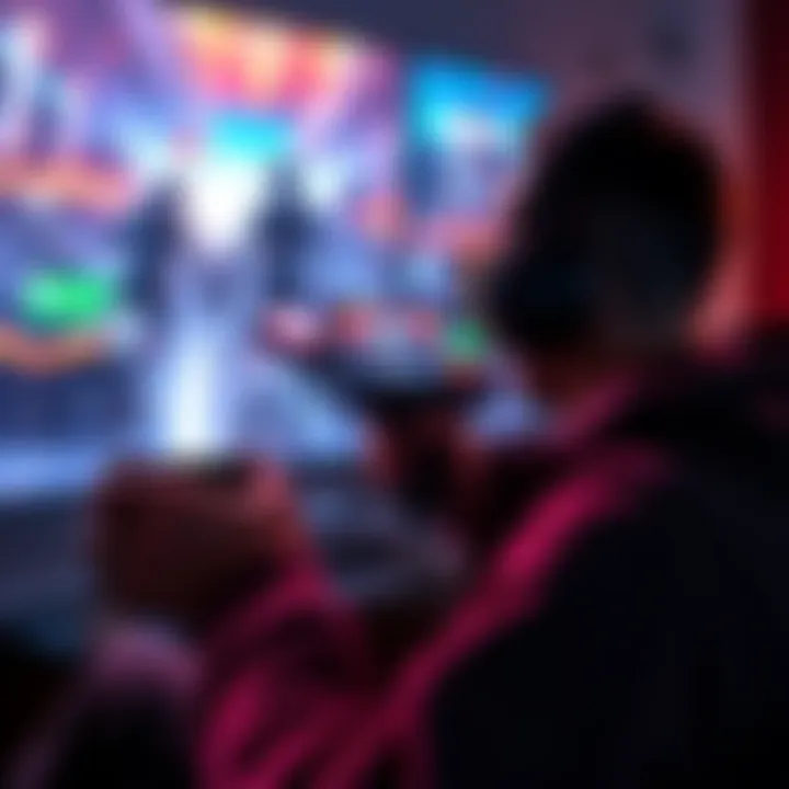 Player enjoying a singleplayer shooter game A gamer focused on a singleplayer shooter, holding a controller and immersed in gameplay on a large screen